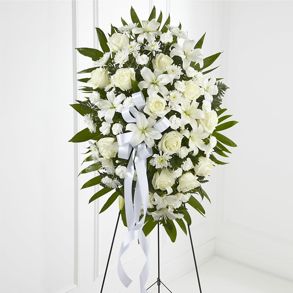 Exquisite Tribute Standing Spray-White Ribbon – ROWLEE'S BUDS, Los Osos CA